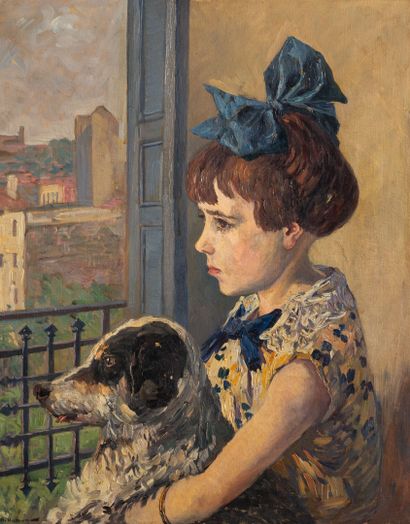 Adrien HAMON (1875-1963) Renée and her dog.
Oil on canvas.
Signed lower left.
60...