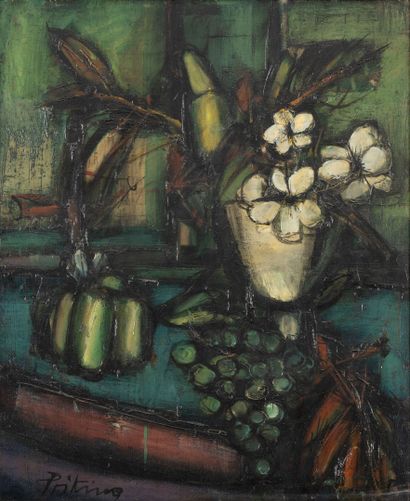 Franz PRIKING (1929-1979) Still life with a bouquet of flowers and fruit.
Oil on...