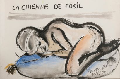 Jean Edern HALLIER (1936-1997) La chienne de fusil, 1994. 
Ink and watercolor on...
