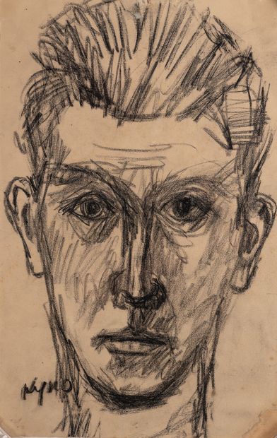 Ladislas KIJNO (1921-2012) Self-portrait.
Charcoal on paper, pasted at the corners...