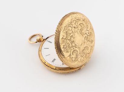 Savonnette pocket watch in yellow gold (750).
Front...