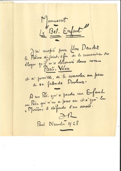 Jehan RICTUS (1867-1933) Manuscrit autographe signé « JR », Le Bel Enfant, avec L.A.S...