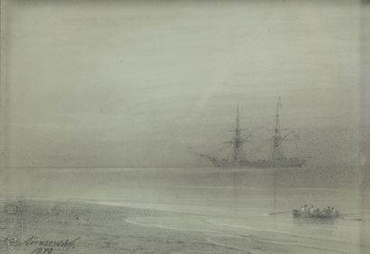 Ivan Constantinovich AIVAZOVSKY (1817-1900) Barque rejoignant le navire au crépuscule,... Gazette Drouot