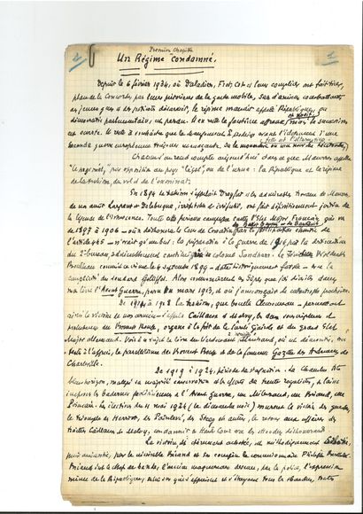 Léon DAUDET (1867-1942) Manuscrit autographe signé, La Police politique, [1934] ;...