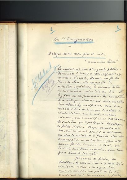 Léon DAUDET (1867-1942) Manuscrit autographe signé, De l'Imagination. Dialogue entre...