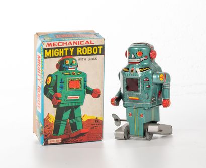 N JAPON Mighty Robot.
H. : 13 cm.
Fonctionne à clé.
Petites rayures.
Avec boîte....