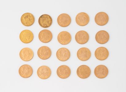 FRANCE Lot de 20 pièces de 20 Francs or :
1852, 1860, 1902, 2x1909, 15x1911.
Poids...