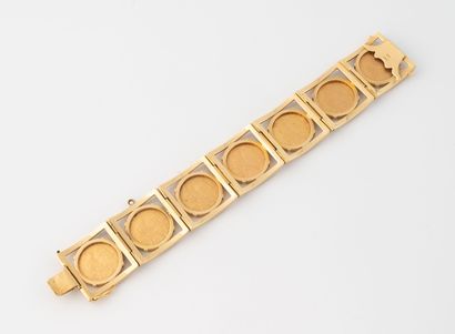 null Bracelet articulé en or (750) jaune à maillons carrés, brossés, ornés de sept...