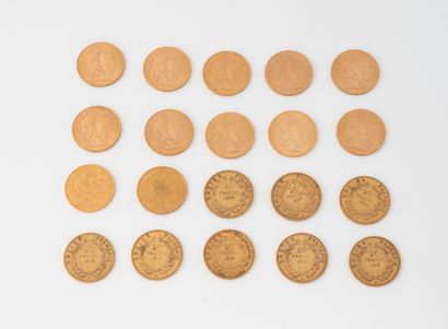FRANCE Lot de 20 pièces de 20 francs or : 
1854, 1855, 3x 1856, 2x1857, 1858, 1910,...