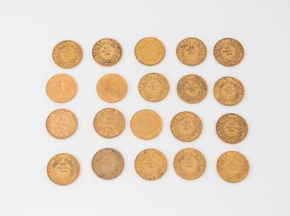 FRANCE Lot de 20 pièces de 20 Francs or : 
1852, 1853, 1854, 1855, 3x 1856, 1857,...