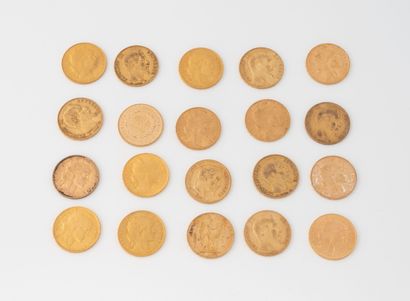FRANCE Lot de 20 pièces de 20 Francs or. 
1852, 1854, 2x 1856, 1857, 1859, 1863,...