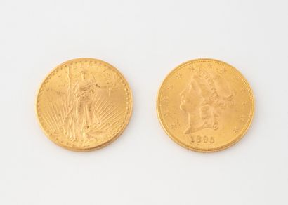 ETATS UNIS 2 pièces de 20 Dollars or 1895 et 1927.
Poids total : 46.5 g.
Usures 