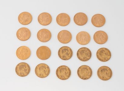FRANCE Lot de 20 pièces de 20 francs or : 
1854, 1855, 3x 1856, 2x1857, 1858, 1910,...