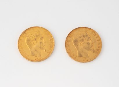 FRANCE 2 pièces de 50 Francs or Napoléon III, Paris, 1855 et 1857.
Poids total :...