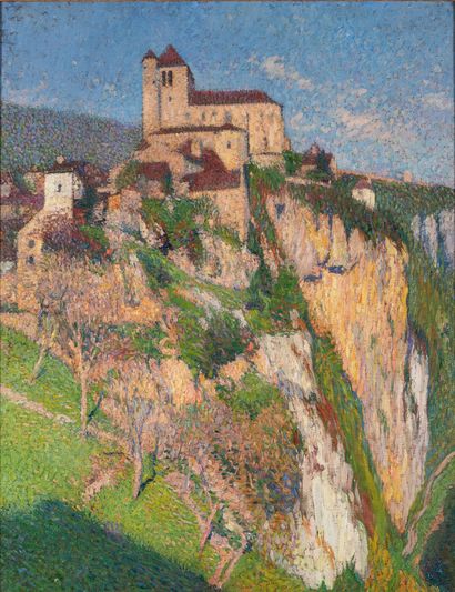 Henri MARTIN (1860-1943) Saint-Cirq-Lapopie - l'église en au haut de la falaise.
Huile...