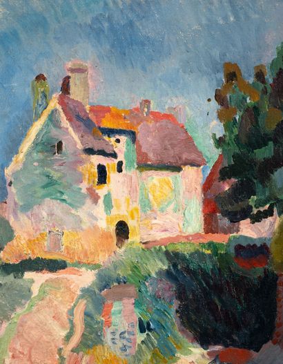 Raoul DUFY (1877-1953) Paysage aux maisons à Falaise, circa 1905.
Huile sur toile,...
