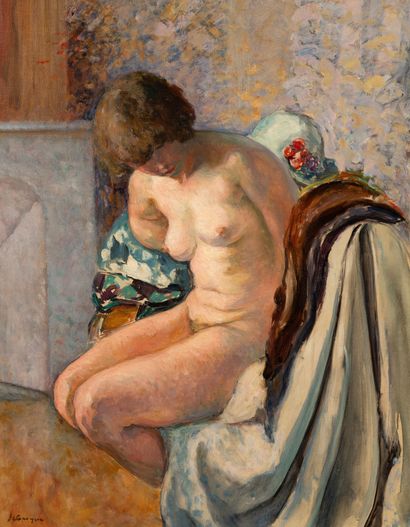 Henri Baptiste LEBASQUE (1865-1937) Nu assis près de la cheminée.
Huile sur toile.
Signée...