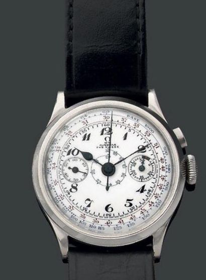 OMEGA Petit Modèle Belle et rare montre chronographe en acier, cadran blanc émaillé...