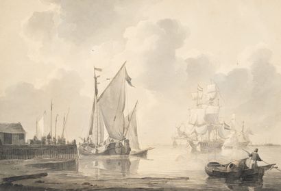 Jean-Christianus SCHOTEL (1787-1838) Voiliers et barque de pêches et vaisseaux de...