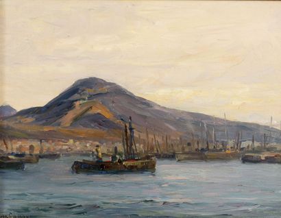 Attribuée à Georges R. RICARD-CORDINGLEY (1873-1939) Navire rentrant au port, sur...