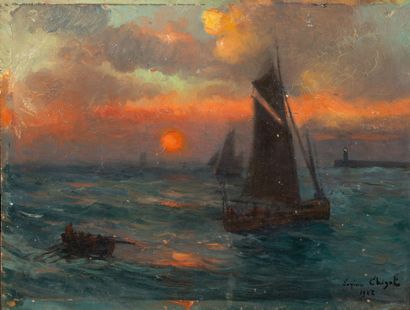 Eugène CHIGOT (1860-1923) Voiliers et barque au crépuscule. 1902.
Huile sur panneau.
Signée...