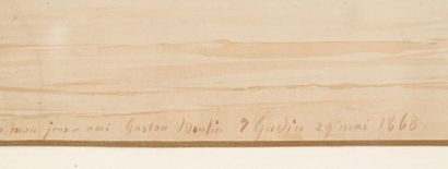 Théodore GUDIN (1802 - 1880) Barque animée de quatre personnages dans la brume, une...