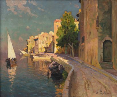 Antoine PONCHIN (1872-1934) Voilier et barques de pêche le long du quai Marceau,...