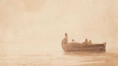 Théodore GUDIN (1802 - 1880) Barque animée de quatre personnages dans la brume, une...