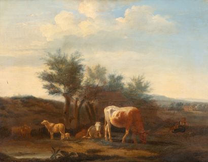 Attribuée à Adrian Van VELDE (1636-1672) Vaches au pré.
Huile sur panneau.
Signée...