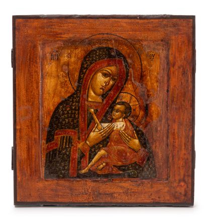 null RUSSIE
Lot de 2 icônes, une figurant la Dormition de la Mère de Dieu dans une...