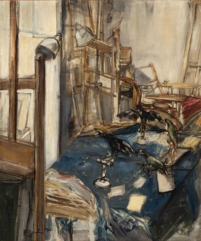 Francis GRUBER (1912-1948) L'atelier, 1945.
Huile sur papier contrecollé sur toile.
Signé...