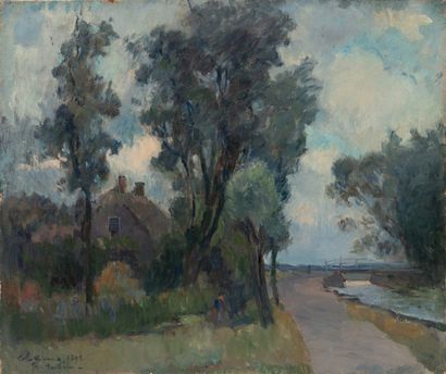 Albert LEBOURG (1849-1928) Maison près d'une rivière, Rotterdam, 1896.
Huile sur...
