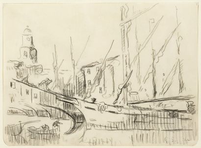 Paul SIGNAC (1863-1935) Saint-Tropez, le port, circa 1910.
Mine de plomb sur papier.
Cachet...