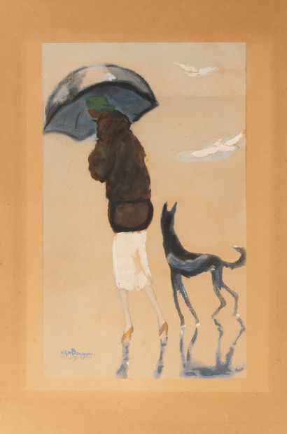 Kees VAN DONGEN (1877-1968) Femme et son chien se promenant sur la plage, circa 1925-30.
Pochoir...