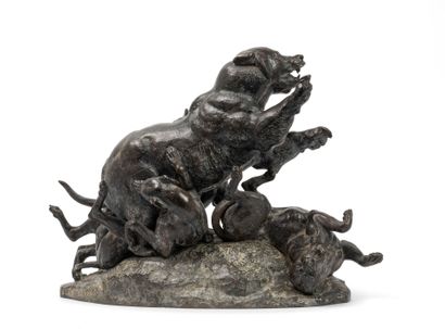 D'après Louis Antoine BARYE (1796-1875) Ours fuyant les chiens.
Epreuve en bronze...