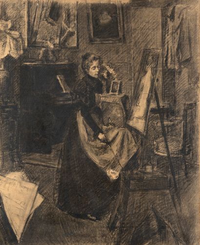Attribuée à Anna BILINSKA-BOHDANOWICZ (1857-1893) L'artiste dans son atelier.
Technique...