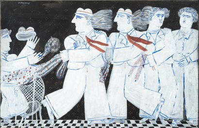 Alexandre FASSIANOS (1935-2022) Au café.
Gouache sur papier contrecollé sur toile.
Signé...