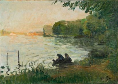 Pierre Eugène MONTEZIN (1874-1946) Lavandières au bord de la rivière, circa 1920-25.
Huile...