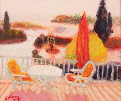 Jean VOLANG (1921-2005) La terrasse.
Huile sur toile.
Signée en bas à gauche.
46...