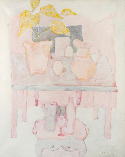 Saad HASSANI (1948) Table au pichet et pot de fleur.
Huile sur toile.
Signée et datée...