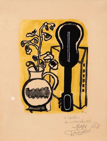 Fernand LEGER (1881-1955) Vase et mandoline, 1950.
Lithographie sur papier contrecollé...