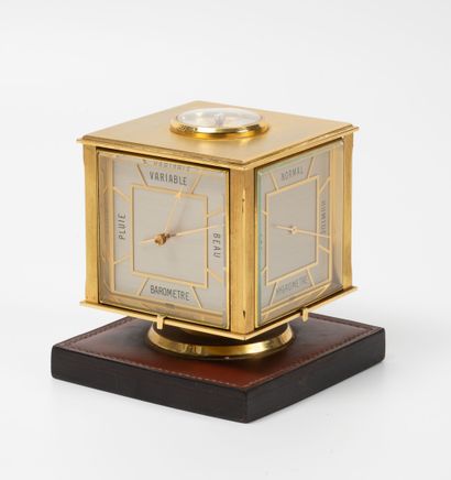 HERMES Paris Pendulette cubique multifonction en bronze doré formant thermomètre,...
