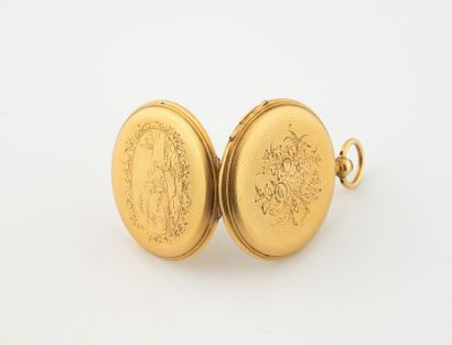 null Montre savonnette de gousset en or jaune (750) à fond guilloché et décor ciselé...