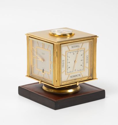 HERMES Paris Pendulette cubique multifonction en bronze doré formant thermomètre,...