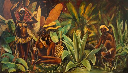 Raymond DELAMARRE (1890-1986) Deux femmes dans un paysage exotique avec aloès, bananier,... Gazette Drouot