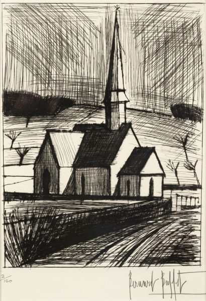 Bernard BUFFET (1928-1999) L'église de Lorleau. 
Pointe sèche sur papier.
Signé en... Gazette Drouot