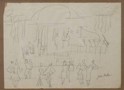 Jean DUFY (1888-1964) Scène de bal.
Mine de plomb sur papier.
Signé du cachet de... Gazette Drouot