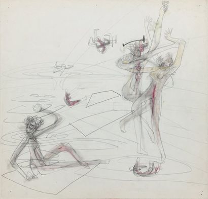 Roberto MATTA « Personnage et couple », circa 1950. Crayons sur papier. Non signé....