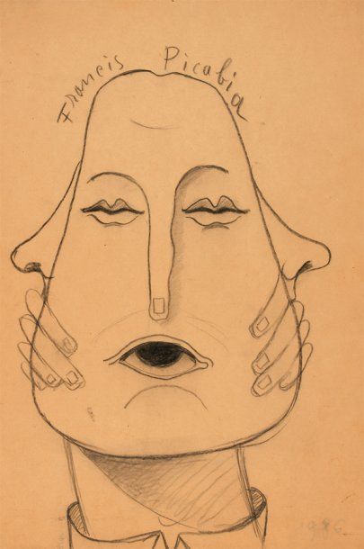 Francis PICABIA « Tête, 1936 ». Crayon noir sur une enveloppe signée en haut au milieu...