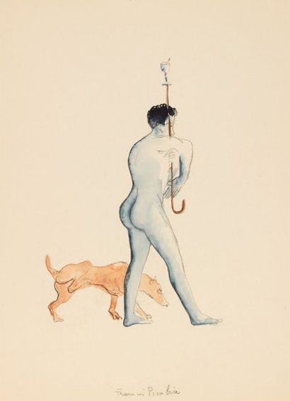 Francis PICABIA « Homme nu tenant une canne supportant un verre et chien ». Encre...